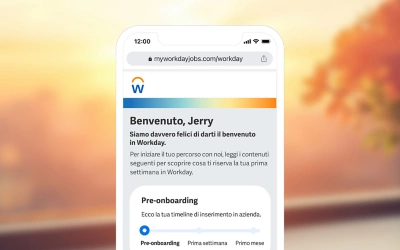 Mobile screenshot from ݮƵ's Onboarding Plan showing a welcome preboarding screen for a new employee.