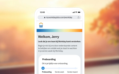 Mobile screenshot from ݮƵ's Onboarding Plan showing a welcome preboarding screen for a new employee.