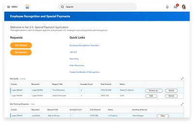 The welcome screen of the 3M Employee Recognition and Special Payments app