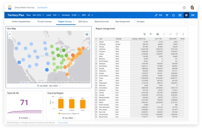Pulpit nawigacyjny Workday Adaptive Planning Sales Territory, który pozwala usprawnić proces planowania terytoriów poprzez automatyzację przypisywania zadań na podstawie reguł geograficznych, branżowych i segmentowych, zachowując jednocześnie elastyczność w zakresie bezpośredniego przypisywania klientów do terytoriów.