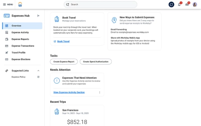 A screenshot of Workday's expenses hub where employees can book travel, create expense reports, and submit receipts via email forwarding or mobile app.