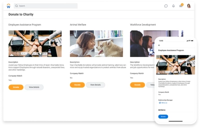 Workday Extend를 통해 구현된 자선 기부 앱을 사용하는 직원의 예