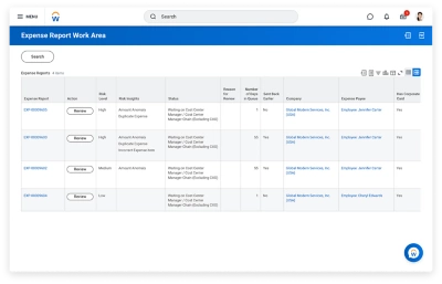 Desktop screen that shows the expense report work area and risk score.