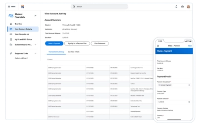 Desktop view of the Student Financial Hub showing a students account balance which includes tuition, housing fees, payments, and other expenses, and mobile view of the make a payment feature on Student Financial Hub.