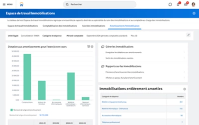 Tableau de bord des prvisions d'amortissement des immobilisations prsentant un rapport de suivi des catgories de dpense et des immobilisations composites.