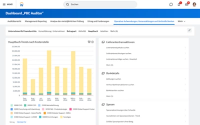 Auditor-Dashboard mit Balkendiagramm der Betriebsausgaben nach Kostenstelle.