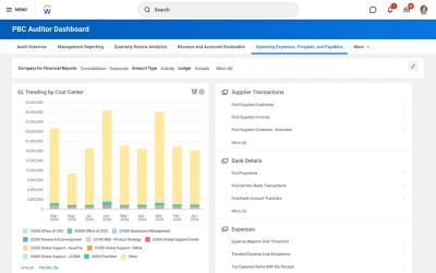 Auditor-Dashboard mit Balkendiagramm der Betriebsausgaben nach Kostenstelle.