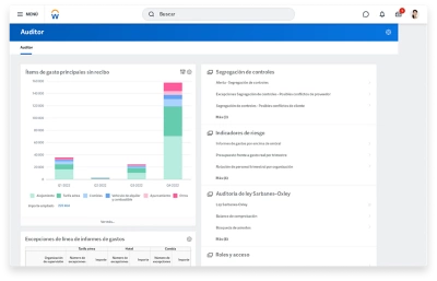 Tablero de mando de auditor que muestra grfico de barras de conceptos de gastos principales sin recibo.