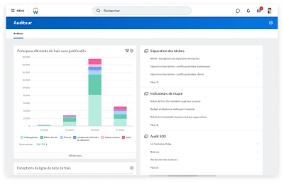 Tableau de bord d'auditeur prsentant un histogramme des principaux lments de frais sans justificatifs.