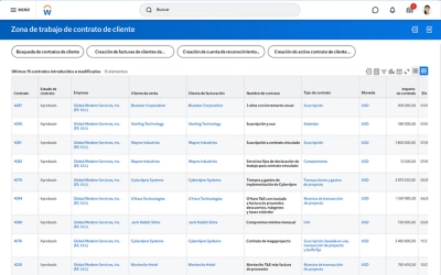 Zona de trabajo de contrato de cliente con una tabla de los ltimos 15 contratos acordados o modificados.