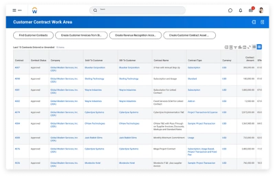 Customer contract work area showing a table of the last 15 contracts entered or amended.