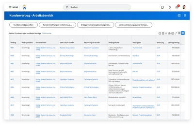 Kundenvertrag-Arbeitsbereich mit einer Tabelle der 15 zuletzt eingegebenen oder revidierten Vertr?ge