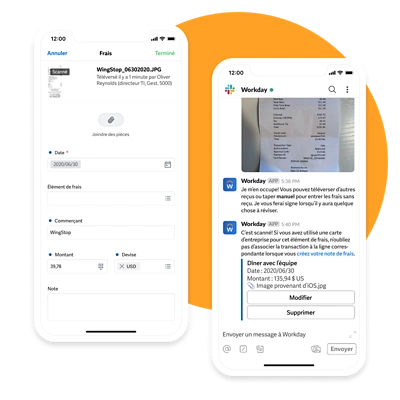 Deux téléphones mobiles montrant un reçu qui a été numérisé et téléversé.