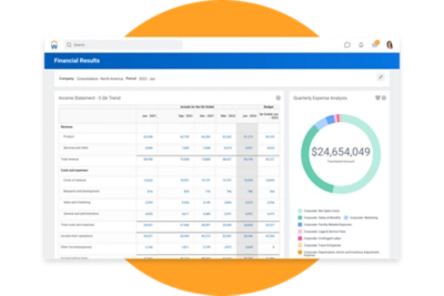 Financial results dashboard showing income statement and pie graph for quarterly expense analysis.