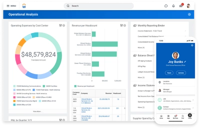 Zrzut ekranu raportowania w zakresie zarz?dzania finansami na komputerze i zrzut ekranu rekrutacji na urz?dzeniach mobilnych.