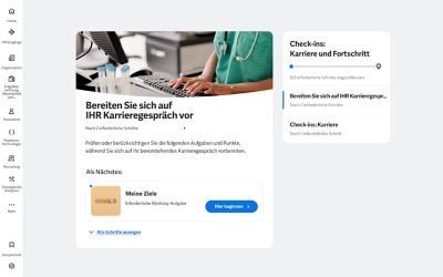 Screenshot des Mitarbeiter-Experience-Dashboards mit Widgets zu Check-ins für Karriere und Fortschritt.