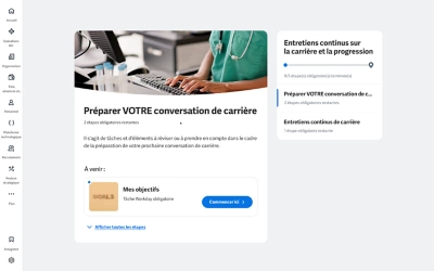 Capture d'écran du tableau de bord d'Employee Experience affichant les widgets d'entretiens de suivi de carrière.