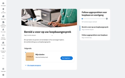 Screenshot van Employee Experience-dashboard met widgets voor check-ins voor loopbaan en voortgang.