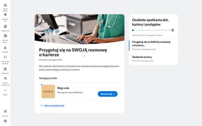 Zrzut ekranu pulpitu nawigacyjnego doświadczeń pracowników przedstawiający widżety kariery i postępów.