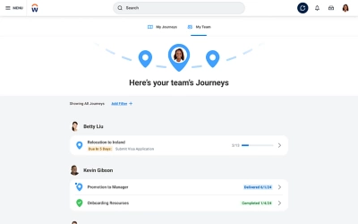 Screenshot of the “My Team” tab in Workday Journeys, showing the statuses of different team members. 
