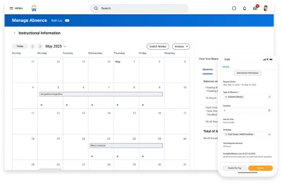 Absence calendar on desktop and mobile phone showing 鶹ý Assistant chatting about time off balance.