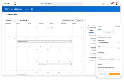 Calendrier des absences sur ordinateur et sur mobile prsentant 鶹ý Assistant discutant du solde des absences.