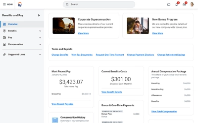  Screenshot of Human Capital Management showing employee Benefits and Pay Overview dashboard.