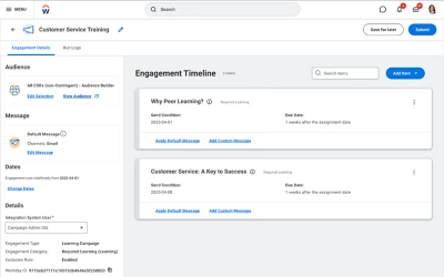 Screenshot del dashboard con una campagna di formazione Workday per i dipendenti, con cronologia dell'engagement per i corsi obbligatori.