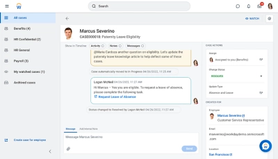 Screenshot del dashboard di HR Answers con una conversazione su una richiesta di assistenza.