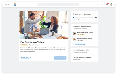 Parcours d'exprience utilisateur final, illustrant un cas d'usage pour l'onboarding d'un nouveau responsable.