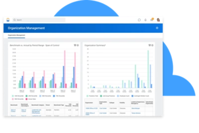 A dashboard showing org reports with span of control, matrix, benchmarking and more.