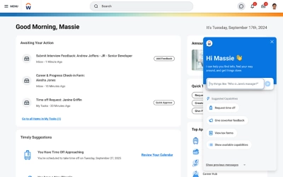 Screenshot der Home-Seite des Mitarbeiter-Experience-Kontos mit 鶹ý Assistant-Chat-Feature in einem Popup-Fenster