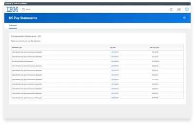 IBM ݮƵ Extend Payslip app screen showing list of pay statements
