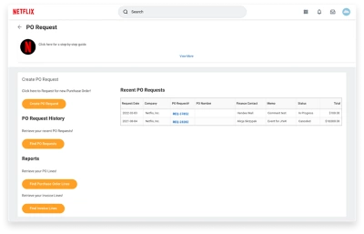 L'cran de l'application Netflix?鶹ý?Extend affiche une liste des demandes de bons de commande rcentes et des options permettant de crer et de trouver des demandes.