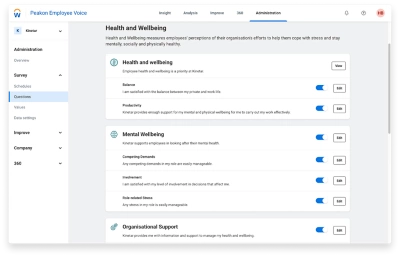 Health and wellbeing survey question set in Workday Peakon Employee Voice.