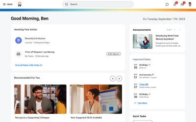 Home page displaying tasks awaiting action, recommended content, announcements, important dates, and quick tasks in a personalized interface.