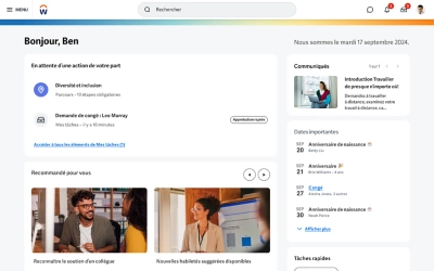 Capture dcran du tableau de bord de ݮƵ People Experience montrant lcran daccueil des employs avec des actions et des dates cls. 