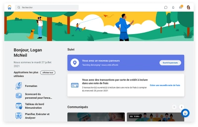 Page d'accueil People Experience prsentant les t?ches, les parcours et les applications les plus utilises