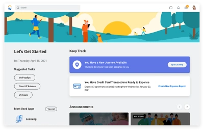 Startpagina 'People Experience' met voorgestelde taken, journeys en meest gebruikte apps.