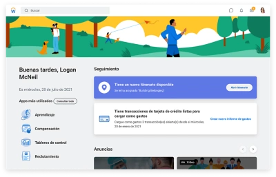 Pgina de inicio de People Experience que muestra tareas sugeridas, itinerarios y aplicaciones ms utilizadas.