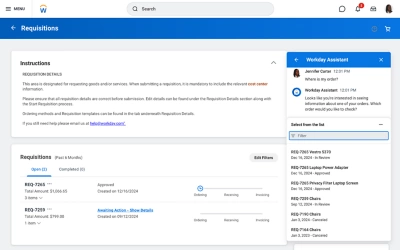 鶹ýs purchase requisition experience displaying order information and 鶹ý Assistant engaged to check the status of an existing order. 
