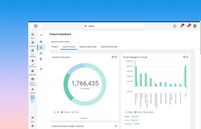 Projects dashboard displaying initiative allocation, project budget versus actuals, and portfolio insights for internal capital projects.