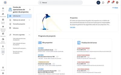 Captura de pantalla del tablero de mando de Projects que muestra tablas de datos de análisis de transacciones, incluidos costes laborales por proyecto, márgenes por cliente, márgenes por proyecto, etc.