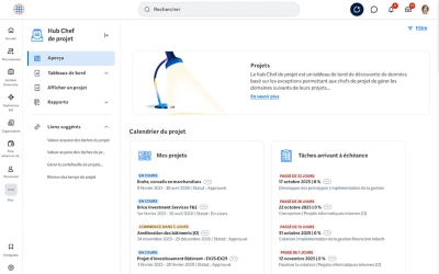 Capture d'écran du tableau de bord Projets affichant des tableaux d'analyse de transactions, y compris le coût de main-d'œuvre par projet, la marge par client et la marge par projet.