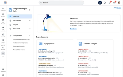 Screenshot van het projectendashboard met datatabellen voor transactieanalyse, inclusief arbeidskosten per project, marge per klant, marge per project en meer.