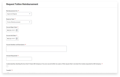 The initial screen of the 3M Tuition Reimbursement app