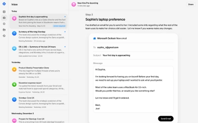 Workday 内から利用可能な「自動化」機能を表示している Sana インターフェイスのデスクトップ スクリーンショット。UI には、データの取得、レポートの生成、メール通知の自動化など、AI が実行する複数ステップのワークフローが表示されています。ステータス インジケータには、エンドツーエンドのビジネスプロセスが視覚的に表示され、各ステップが順に完了していく様子を確認できます。