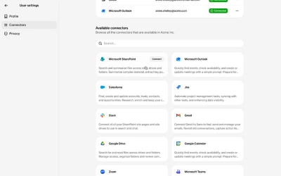 Ein Desktop-Screenshot der KI-gestützten Oberfläche von Sana in Workday Die Funktion „Suchen“ ist geöffnet und zeigt eine Suchleiste in natürlicher Sprache an, in der ein Anwender eine Frage eingegeben hat. Die Oberfläche zeigt eine synthetisierte KI-generierte Antwort an, die auf Unternehmenswissen basiert, mit Zitaten und Links zu internen Dokumenten und Quellenmaterialien in der Seitenleiste.