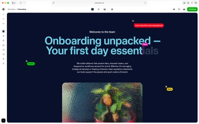 Desktop-Ansicht der Sana-Authoring-Oberfläche in Workday Learning, die ein Menü eines KI-Schreibassistenten zur Erstellung und Optimierung von Kursinhalten neben einem übersichtlichen Drag-and-Drop-Lektioneneditor zeigt.