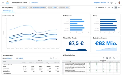 Screenshot des Dashboards der Finanzplanungsbersicht mit Datentabellen zu Gewinnspanne, Bruttogewinn, Ertrag, Szenarioanalyse und mehr.